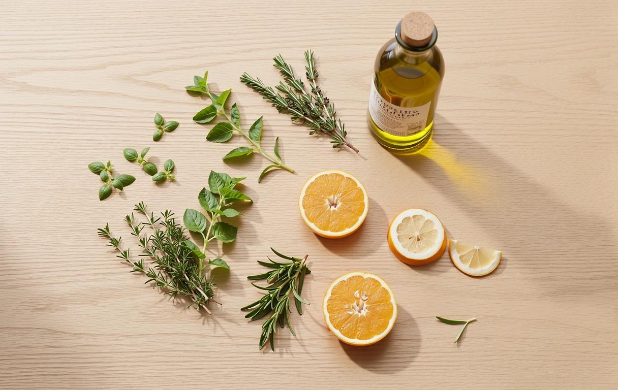Fresh whole food ingredients on a light wooden surface