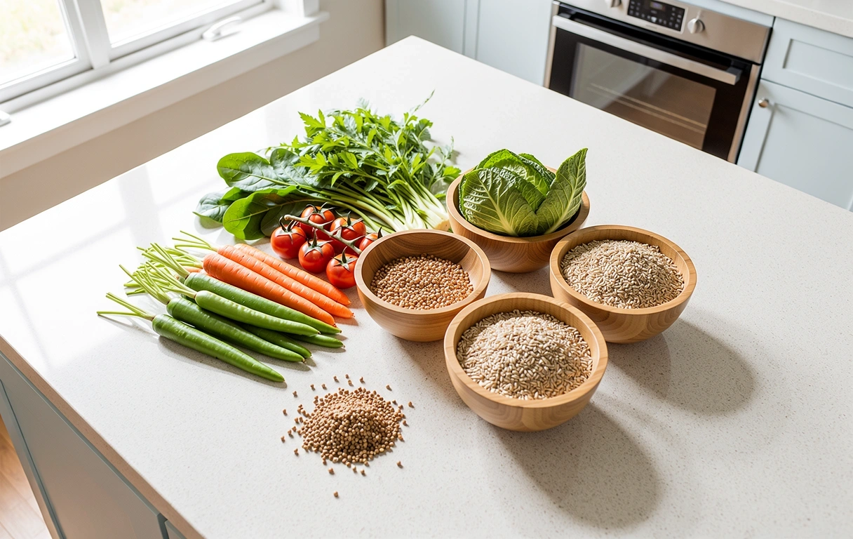 Whole-food ingredients on a clean kitchen counter